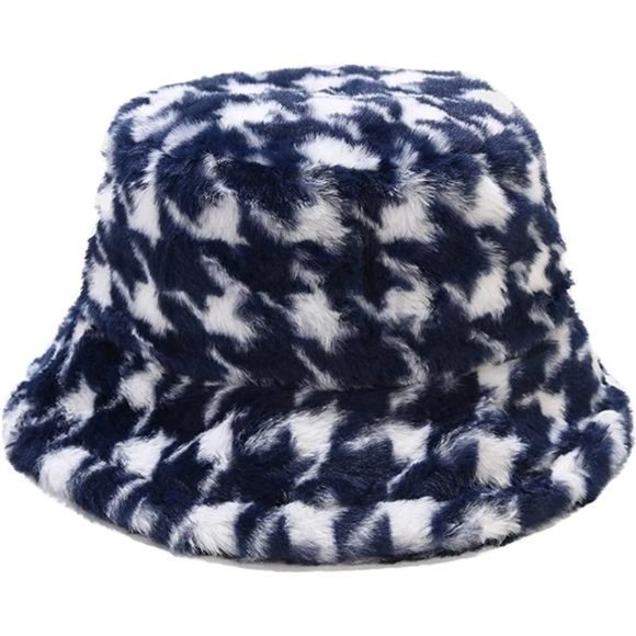 WOMEN'S Winter Faux Fur Fuzzy Warm Bucket Hat Houndstooth Blue